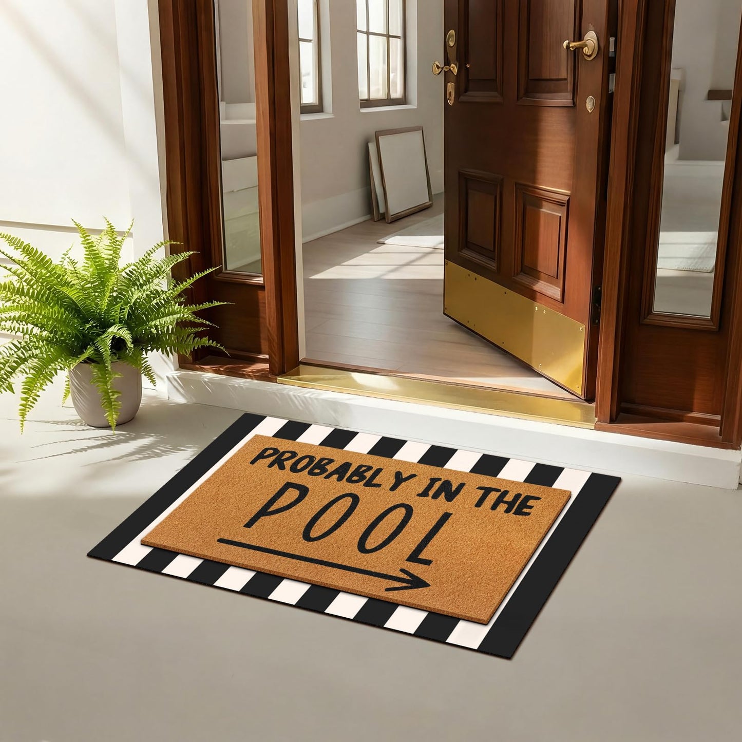 Tinideya 2 Pcs Summer Door Mat Probably in the Pool Welcome Non Slip Coir Mats Floor Layering Black and White Strips Doormats Seasonal for Front Porch Entryway Decor(Pool)