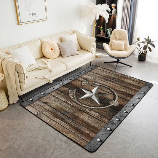 Rustic Farmhouse Area Rug,Rusty Horseshoe Texas Star Rug Brown Vintage Western Country Cabin Carpet for Boys Adults Men Old Barn Wooden Garage Door Living Room Rugs Non Slip,3x5