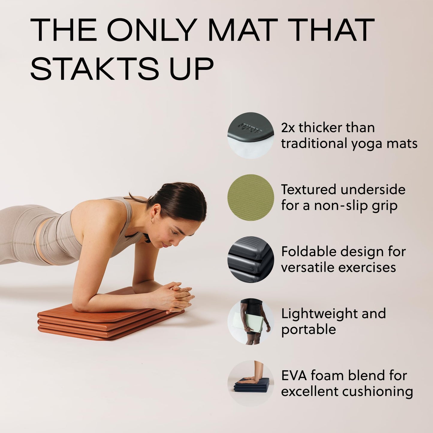 Stakt The Original Foldable Yoga Mat, Premium Foldable Exercise & Workout Mat with Non-Slip Surface, Lightweight Portable for Studio or Home Use, As Seen on Shark Tank - Terracotta