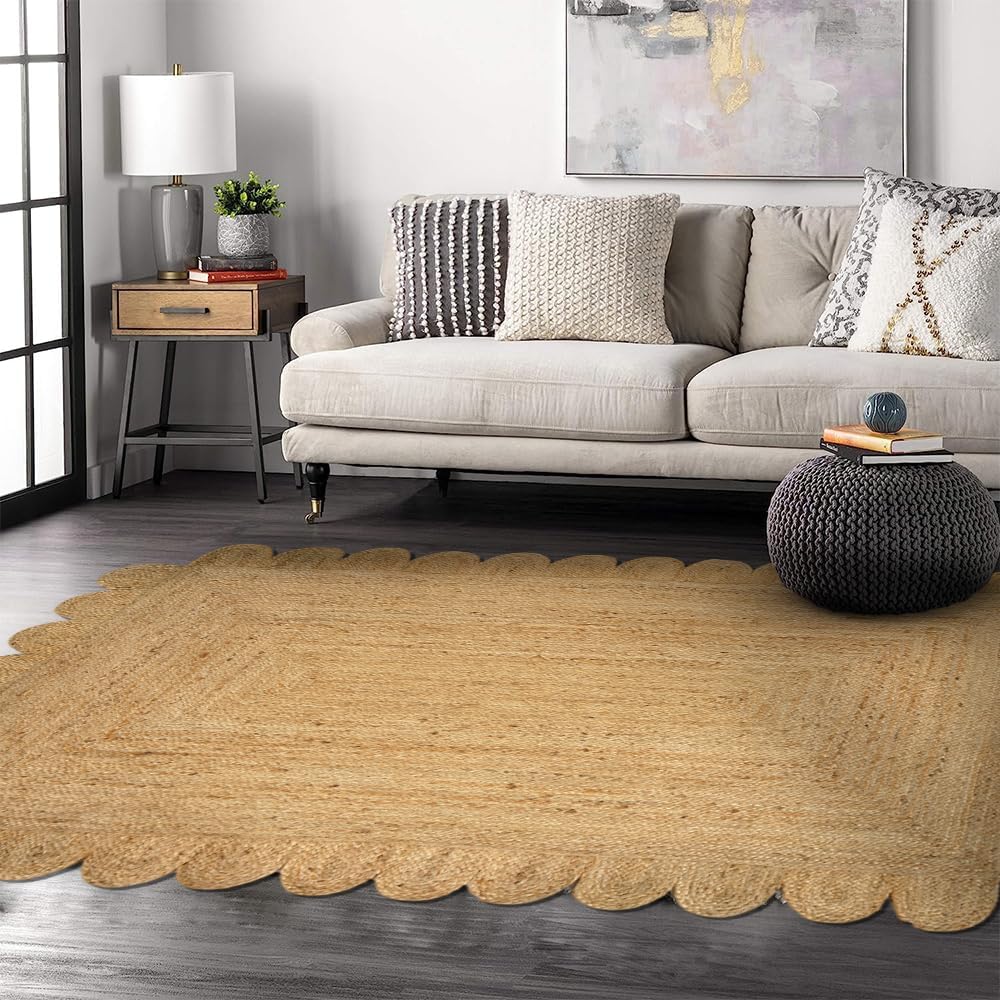 GRUHUM Scalloped Jute Area Rugs 8x10ft Rectangular Natural Fiber Handwoven Soft Braided Rustic Vintage EcoFriendly Rug- Farmhouse Indoor EcoFriendly Livingroom Bedroom Kitchen Hallways 8x10 Rectangle