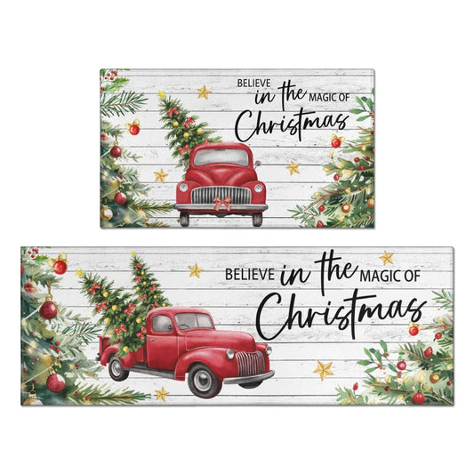 sdhinlwo Kitchen Rugs and Mats Non Slip Washable Kitchen Mats for Floor Vintage Home Door Mat Sets of 2 Decorations 17"x30"+17"x47" Christmas Red Truck Kitchen Rugs