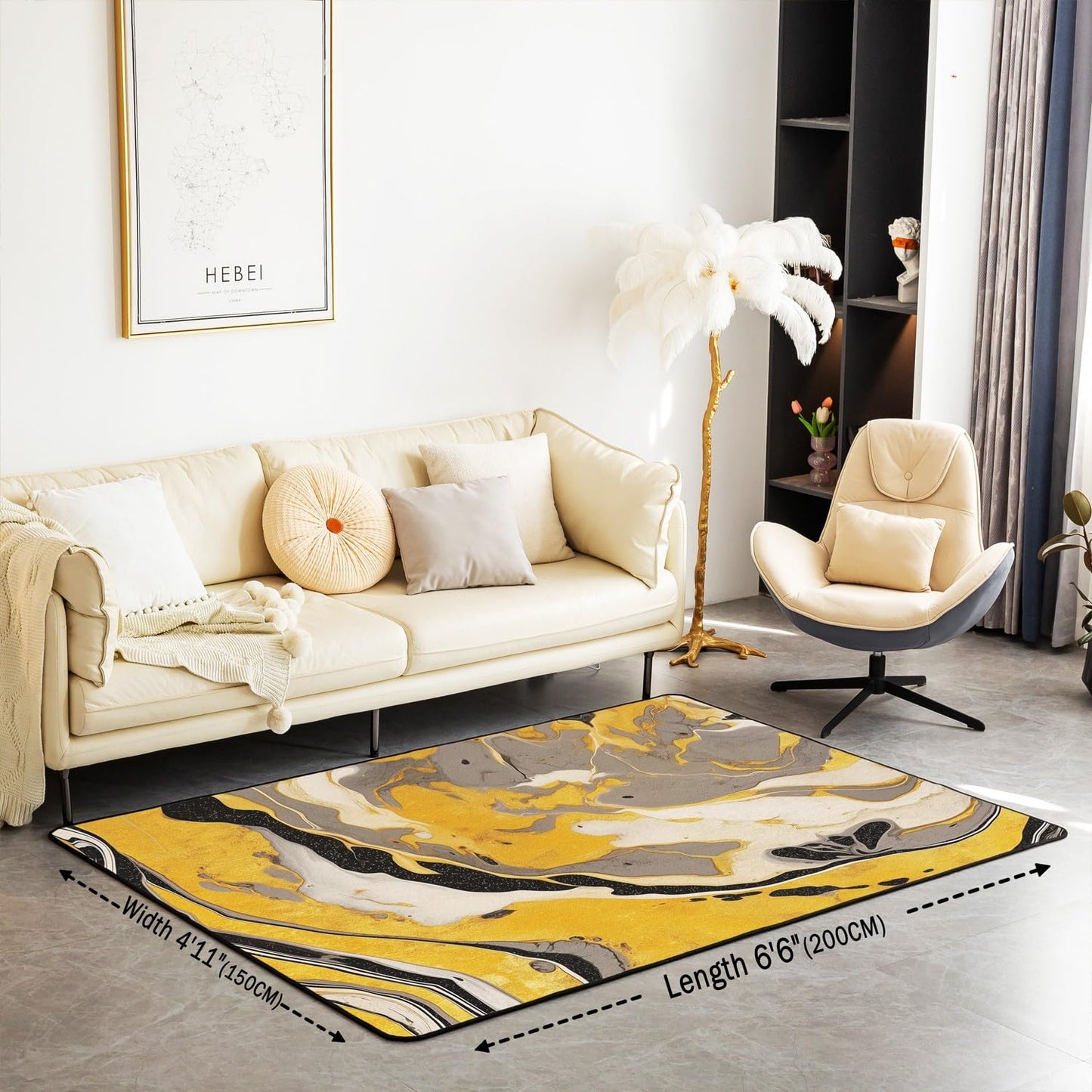 jejeloiu Black Gold Area Rug 3x5 Kids Yellow Black Marble Living Room Rugs for Bedroom Abstract Geometric Indoor Floor Mat Polyester Room Decor