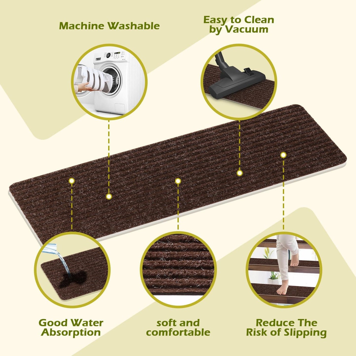 ANTDLE Stair Treads Non-Slip 16 Pack 8"x30" - Carpet Stair Runner for Indoor Wooden Steps with TPE Backing & Anti-Skid Surface, Reusable Adhesive Safety Rug for Kids/Elder/Pet-Friendly - Brown
