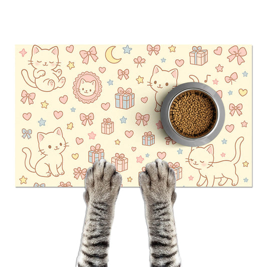 HOMETITUTE Cute Cat Pet Feeding Mat Adorable Kitten Food Placemat with Gift Bow and Star Print for Dogs and Cats Sweet Non Slip Mat for Dog Cat Food and Water Bowls Home Kitchen Decoration 20" x 12"