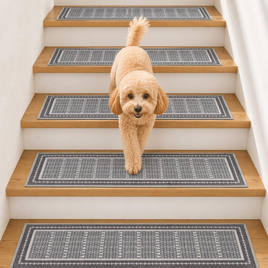 Mollydot Stair Treads Non Slip 15PCS - 8"x30" Indoor Stair Runners for Wooden Steps, Soft Carpet Stair Treads, Edging Stair Rugs, Peel and Stick Stair Treads Washable Reusable Self-Adhesive (Grey)