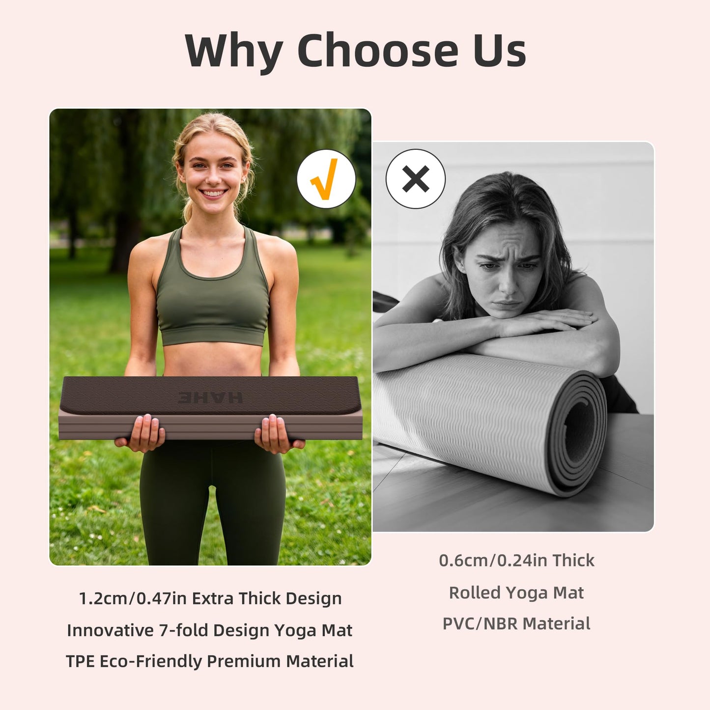 HAHE 7-Fold Design Extra Thick Yoga Mat 72"L x 24"W x 0.47",TPE Fitness Exercise Mats, Non-Slip Foldable Yoga Mat, High Density, Portable for Men & Women, Yoga, Pilates, Home Gym (Brown & Beige)