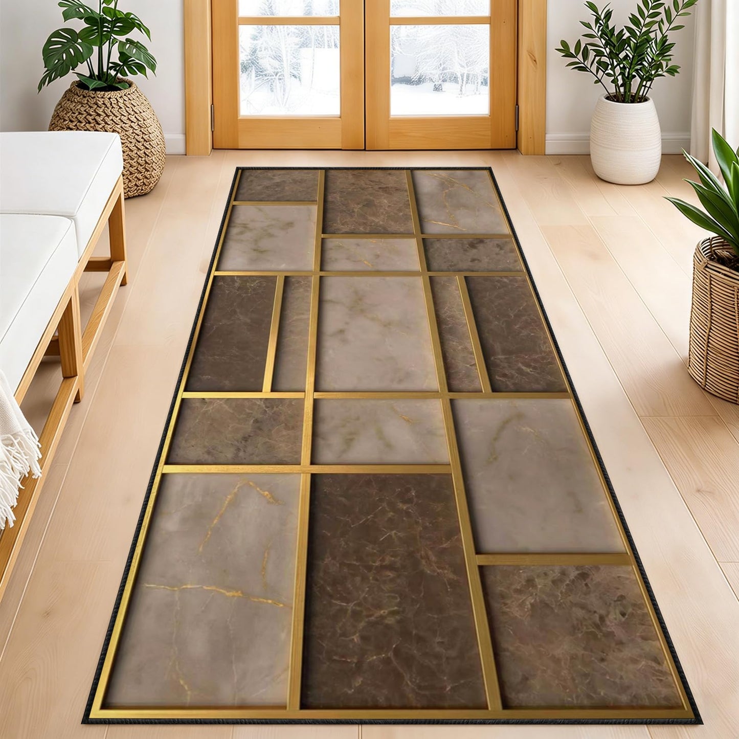 Abstract Brown Runner Rugs 2x10ft, Mid Century Rug for Hallways Gold Brown Geometry Runner Rugs Non Slip Kitchen Mats - Exciting Abstract Decorative Carpet