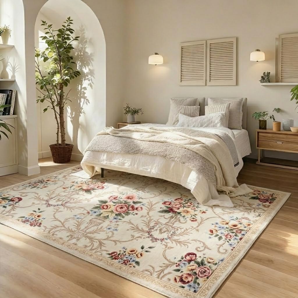 Helthep Washable Vintage Floral Area Rug 8x10, Ultra Soft Faux Wool Low Pile Rug, Non-Slip Backing,Soft Farmhouse Boho Cream Rug for Bedroom Dining Room Home Office, Pet & Kid Friendly