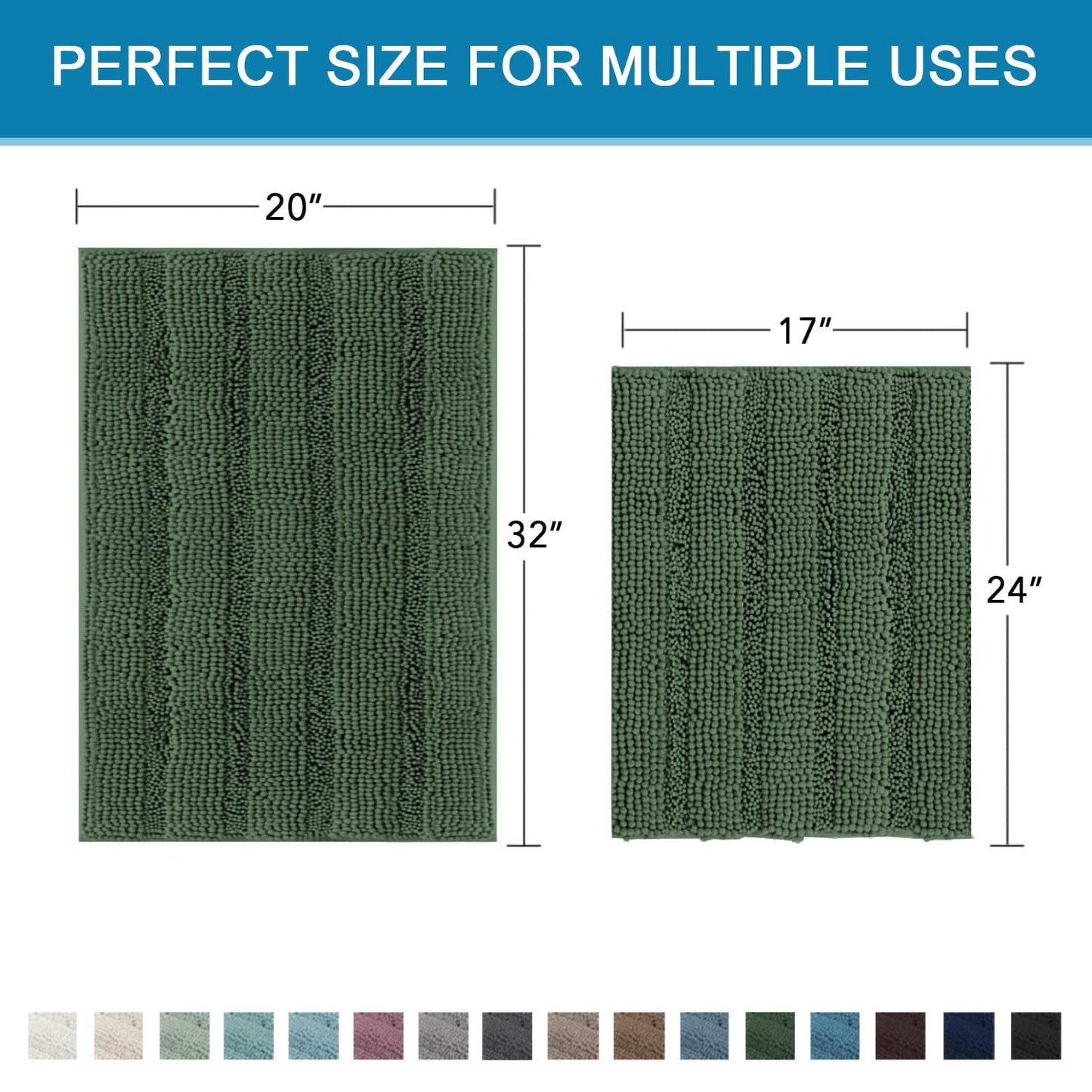 H.VERSAILTEX Extra Thick Chenille Striped Pattern Bath Rugs for Bathroom Non Slip - Soft Plush Shaggy Mats Floor, Indoor Entryway (Bronze Green, 32 x 20 Plus 24 17 Inches)