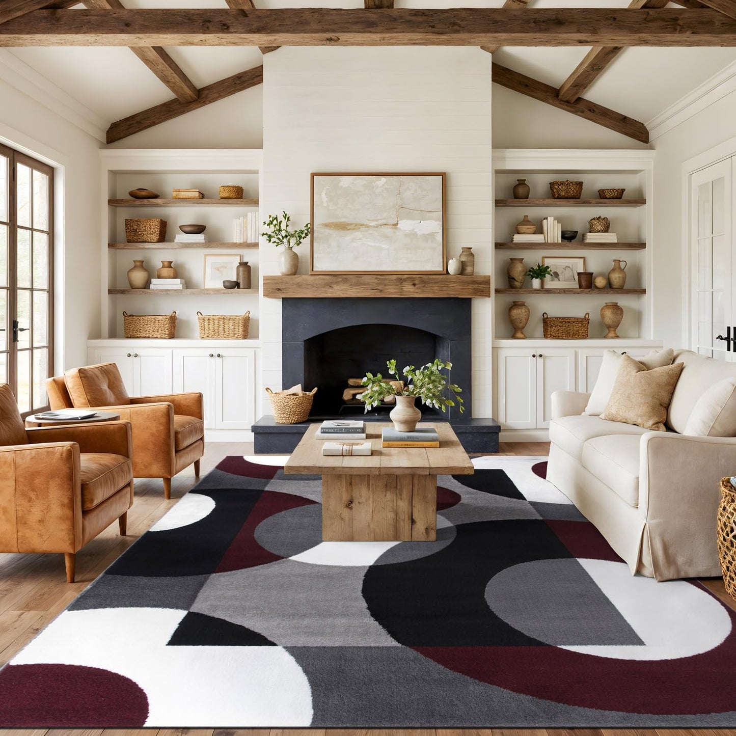 Rugshop Modern Circles Carpet Easy Maintenance for Home Office,Living Room,Bedroom,Kitchen Soft Area Rug 9' x 12' Burgundy