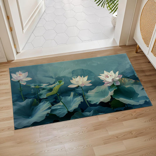 Lotus Flower Indoor Door Mat, 17x29.5 Inch, Floor Area Rug for Entryway, Living Room, or Bathroom, Non-Slip Doormat, Tranquil Water Lily and Pond Leaf Design Home Decor Rug Gifts