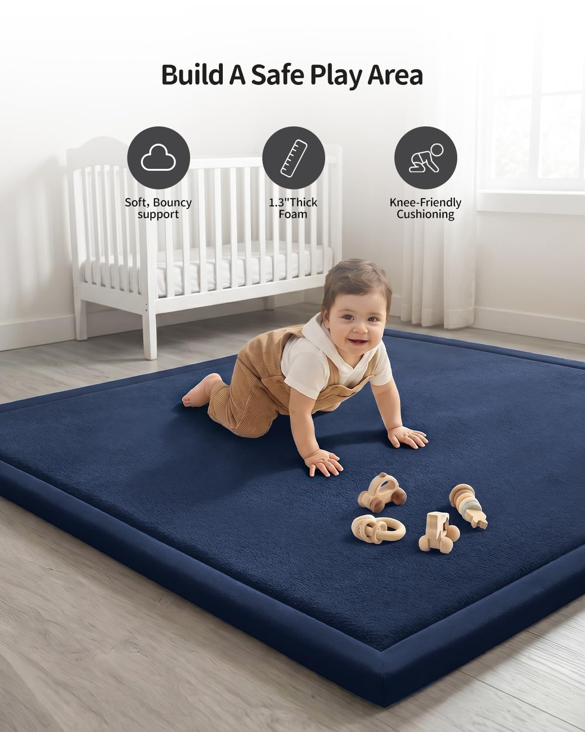 Goyuu Ultra Soft 1.3" Thick Baby Play Mat for Floor, 50x50 Playpen Mat Elasti-Foam Padded Crawling Mat for Babies, Toddlers, Infant, Kids, Non-Slip Backing Safe for Tummy Time, Dark Blue