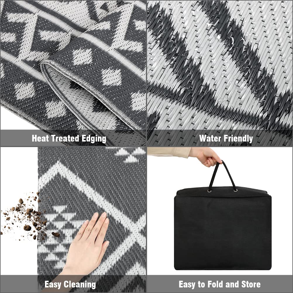 LILIOFFIC Outdoor Rug 9x12 ft, Waterproof Outdoor Plastic Straw Rug for Camping, Large RV Mat Outside, Outdoor Carpet for Deck, Backyard, Balcony, Picnic, with 4 Stakes, Grey