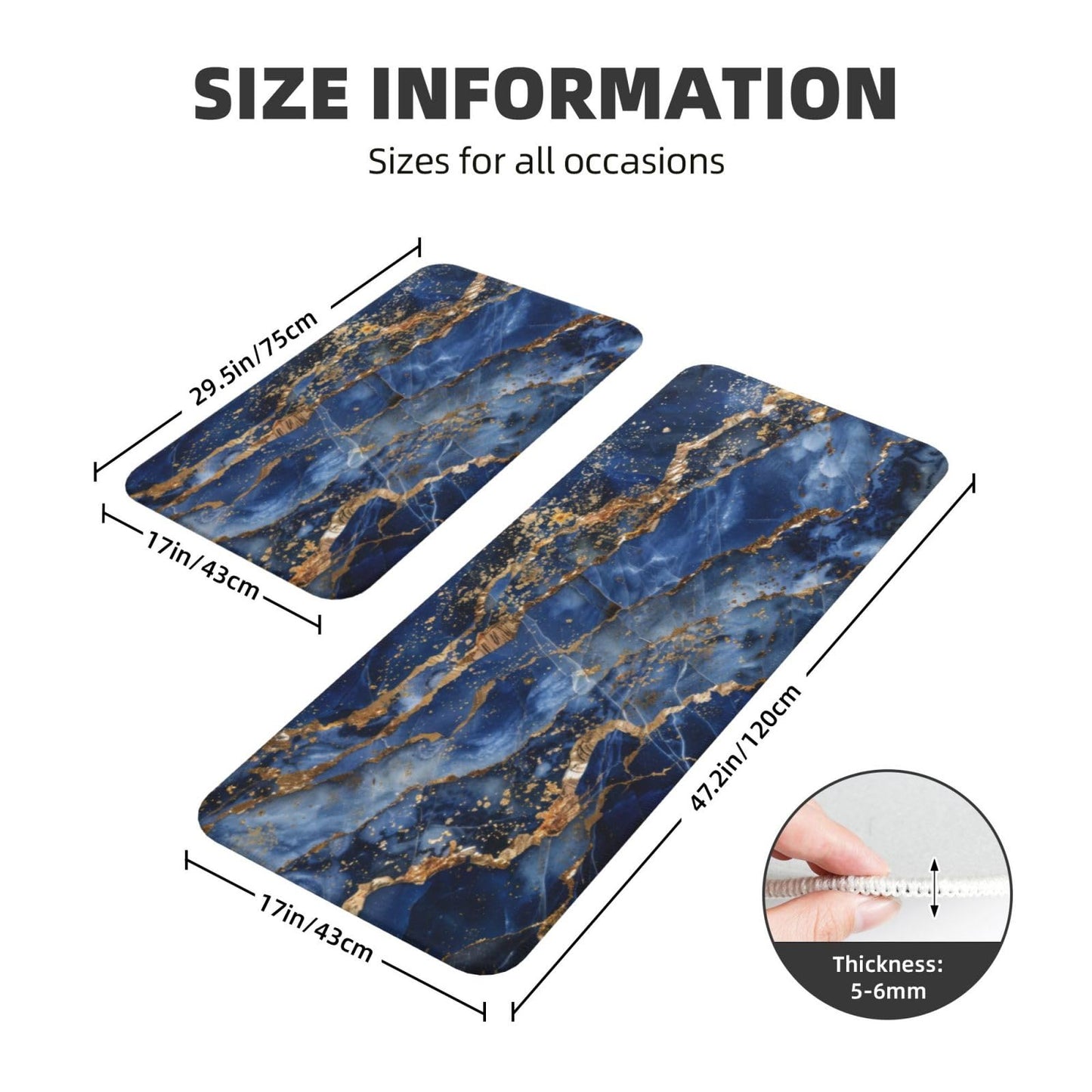 Sovvin Blue Gold Marble Kitchen Rugs Microfiber Floor Mats Cushioned Carpet Runner Rug for Laundry Bathroom Living Room, 2 Piece Set 17"X 47" + 17"X 30"