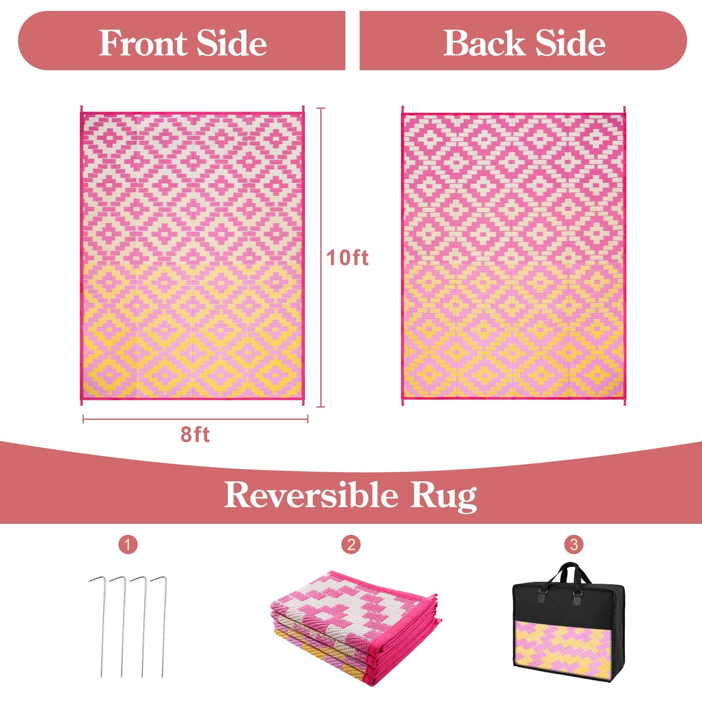 Wonnitar Outdoor Rugs 8x10 Waterproof Plastic Straw Rug, Large Outdoor Camping Rug for RV, Reversible Portable Outside Lightweight Area Rug for Backyard Balcony Beach Picnic, Orange/Pink