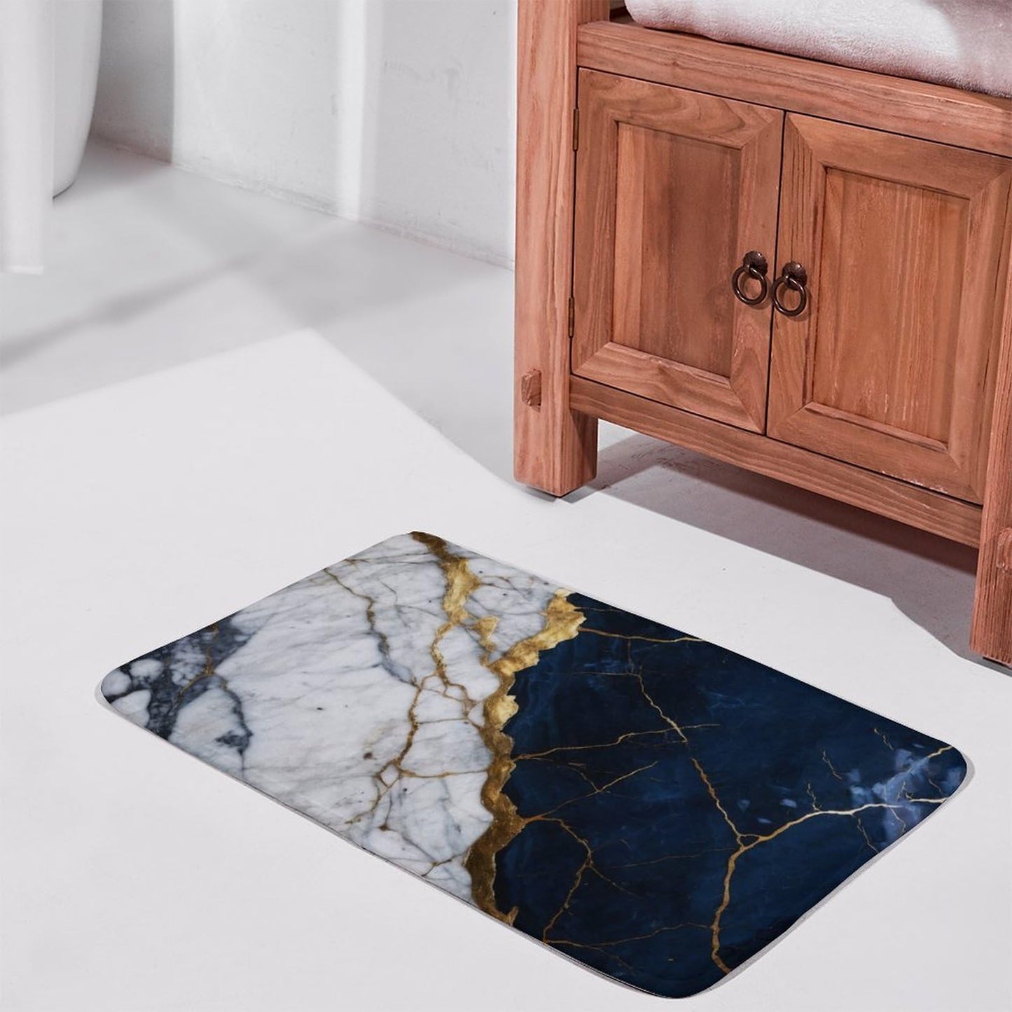 Marble Bath Rug 15.7" x23.6, Modern Foil Texture White Navy Blue Gold Marble Ultra Absorbent & Non-Slip Bath Carpet, Machine Washable, Soft Microfiber Bath Mats for Bathtub Laundry, Bathroom Floor