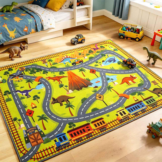 LIVEBOX Kids Dinosaur Car Rug 3x5, Play Rugs with Roads for Toy Cars, Washable Non Slip Advanture Dino Carpet for Boys Bedroom, Playroom