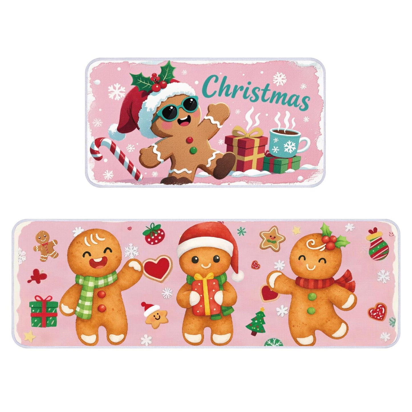 Dunzy 2 Pcs Christmas Gingerbread Man Kitchen Rugs Set Pink Gingerbread Christmas Decor Cute Xmas Kitchen Mats for Floor Door Home Party Decorations Winter, 16 x 29+16 x 47 Inches