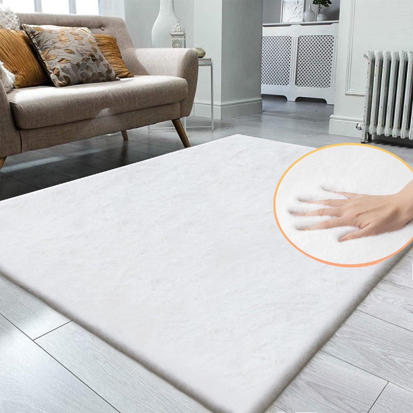 ORINOVA White Faux Rabbit Fluffy Fur Area Rugs for Bedroom Living Room Machine Washable Shag Rug 4x6 Nursery Rug Teen Room Decor