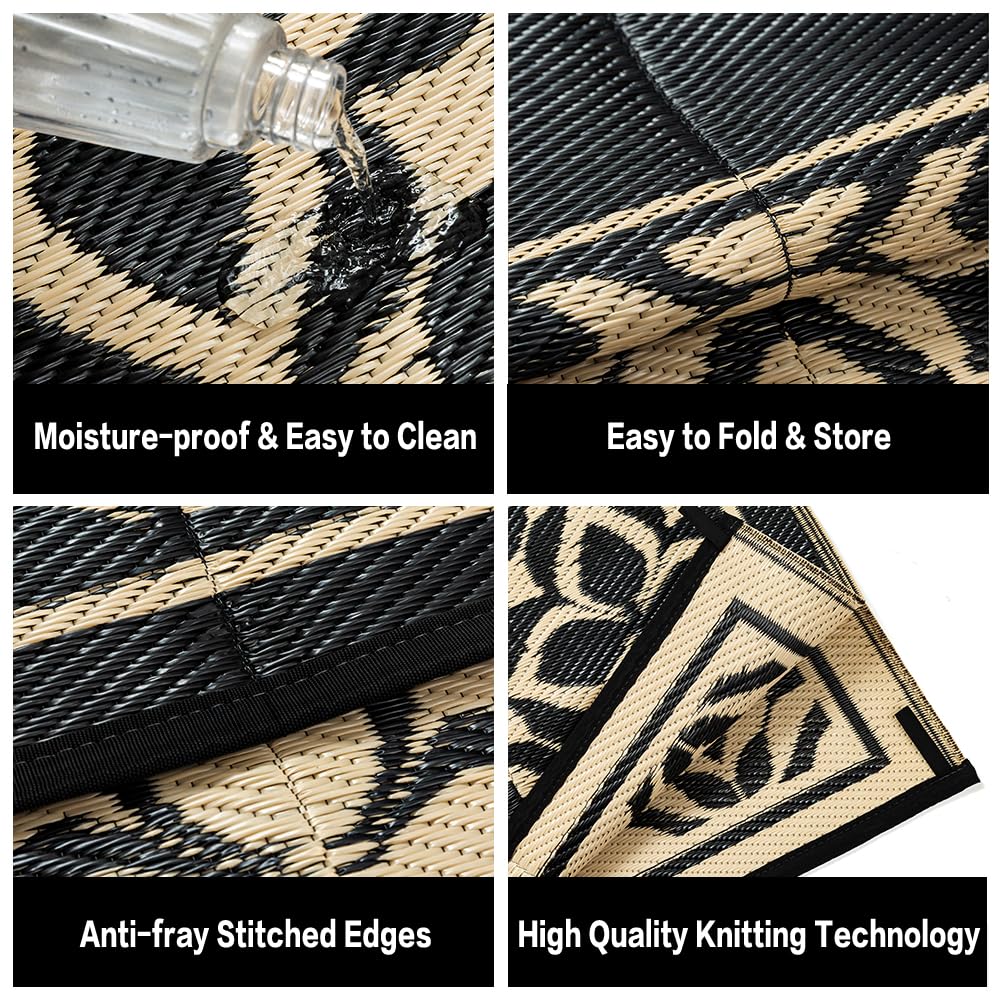 PureCozy Outdoor Plastic Straw Rug Black Beige Large Outside Waterproof Outdoor Patio 9x12 Carpet Geometric Reversible Mat Modern for Camping RV Porch Deck Balcony Beach