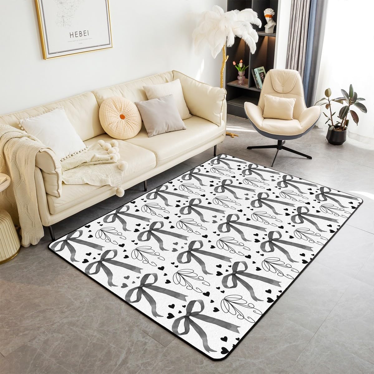 Manfei Cute Bow Kids Area Rug Black Bow Heart Print Floor Mats Rugs for Girl Women Room Decor, Cartoon Bowknot Decorative Rug for Living Room, Absorbent Carpets, 3'x5'