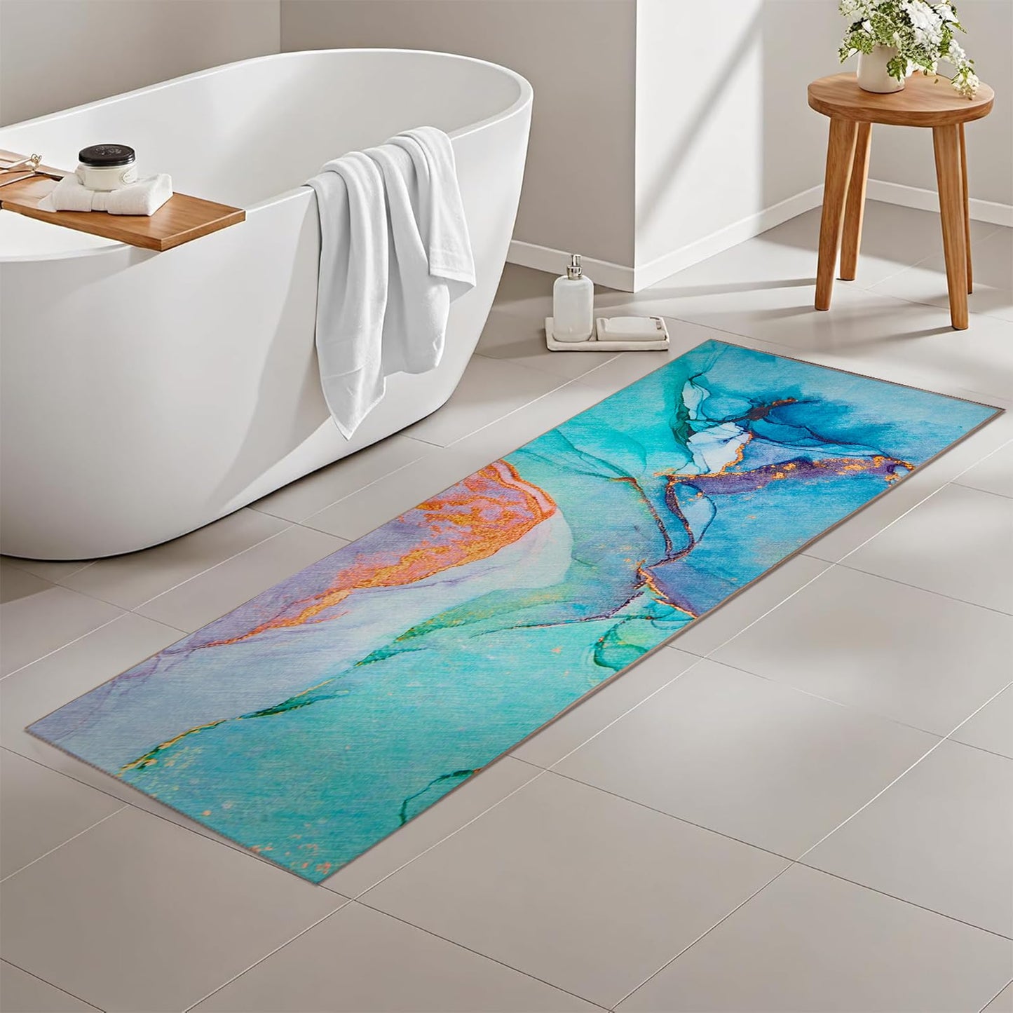 2.3' x 7.5' Washable Indoor Outdoor Teal Runner Rug for Hallway, Kitchen, Stain Resistant, Easy Clean, Modern Runner Rug for Indoor/Outdoor Patio, Deck, Kitchen, Hallway, Bathroom