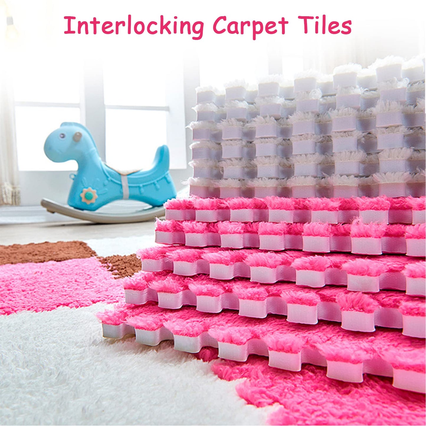12 Pieces Thickened Plush Foam Interlocking Floor Mat,Fluffy Square Foam Tiles with 12 Edgings,Soft Anti-Slip Puzzle Area Rug Playmat for Bedroom,12X12inch,12 Tiles/11.6 Sq.Ft,Coffee+Camel+White