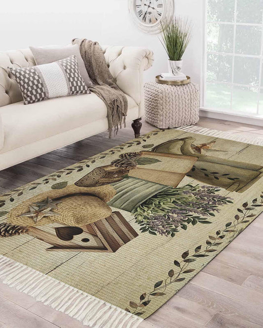 Vintage Farmhouse Washable Rugs for Living Room, Area Rug for Bedroom, Retro Country Boots Flowers Leaf Wooden Plank 3x5 Feet Woven Area Carpet with Tassels, Throw Carpet Rug for Bedside