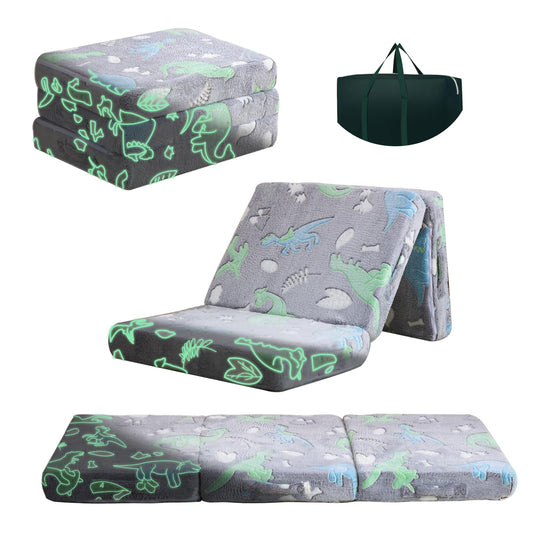 Kisdsa Foldable Floor Mattress for Kids,Folding Toddler Floor Nap Mat for Sleeping Daycare,Trifold Foam Mattress Floor Bed,Child Trifold Futon Sofa with Storage Bag,57''x23''(Glow Dino)