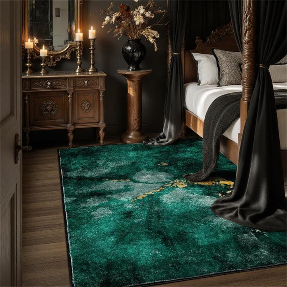 RTYYJDE Washable Living Room Marble Rug Emerald Green Abstract Area Rugs for Dining Room Bedroom Office Study Room Sofa Non Skid Indoor Decorative Modern Floor Mats