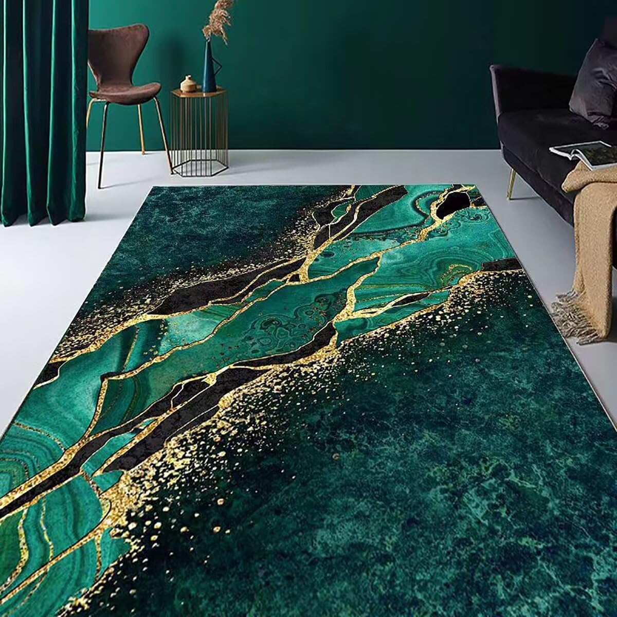 Qmkmyy Luxury Emerald Green Marble Area Rug 3x5Ft Gold Swirl Abstract Rugs for Home Office Kitchen Runner Non-Slip Floor Mat Carpets