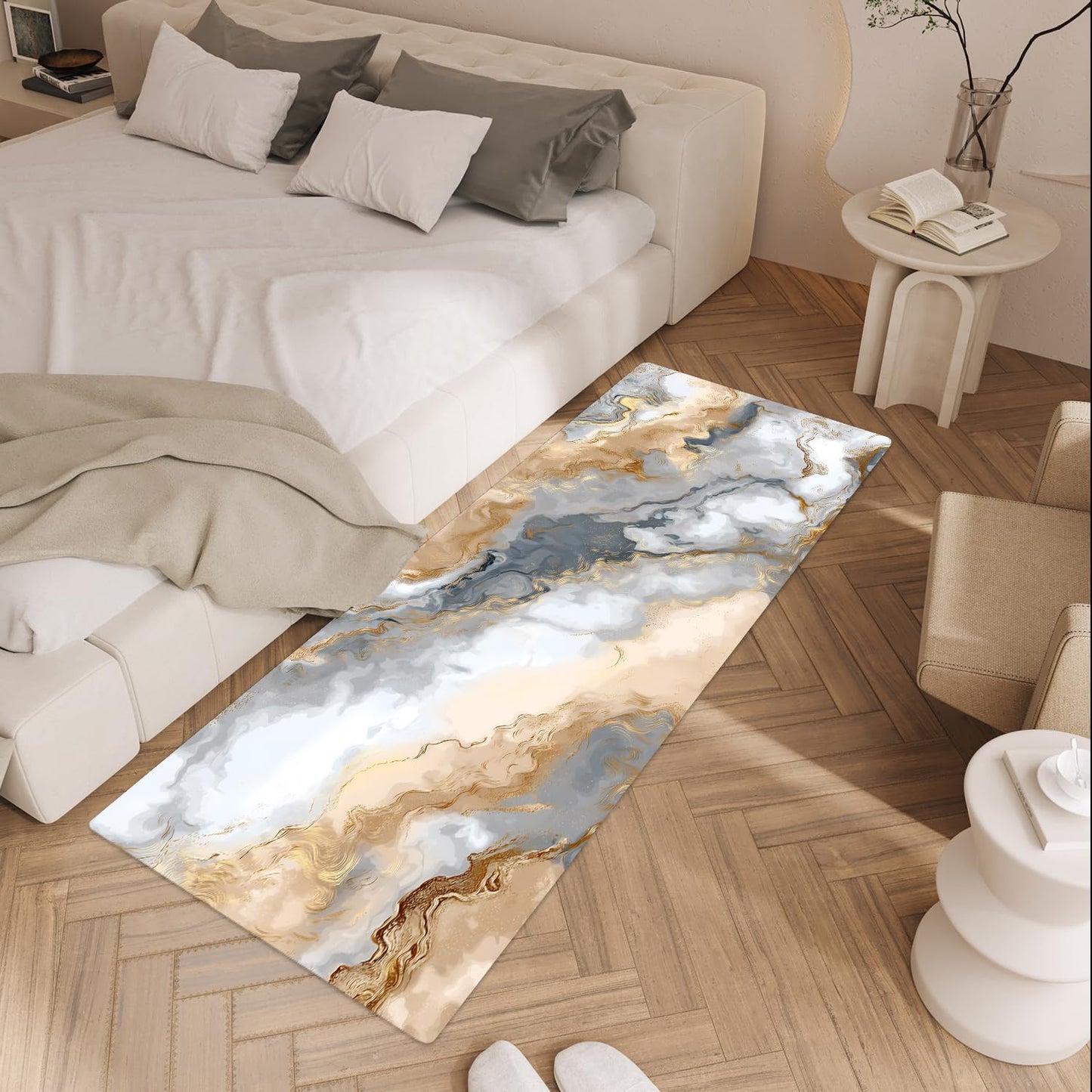 ANNA QUEEN Gray Gold Marble Laundry Room Rug Runner 20 x 47 Inch,Non Slip Washable Cushioned Modern Floor Mat for Washer Dryer,Kitchen and Bathroom