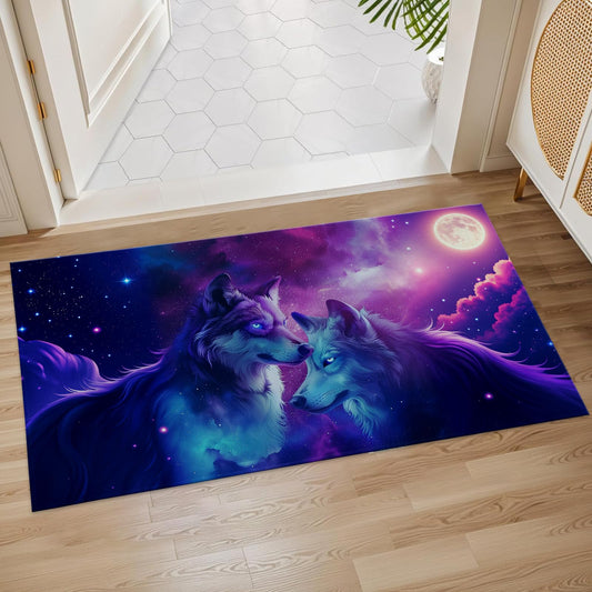 Plistiz Galaxy Wolves Indoor Door Mat, 17x29.5 Inch, Floor Area Rug for Entryway, Living Room, or Bathroom, Non-Slip Doormat, Cosmic Moonlit Wolf Animal Design Home Decor Rug Gifts