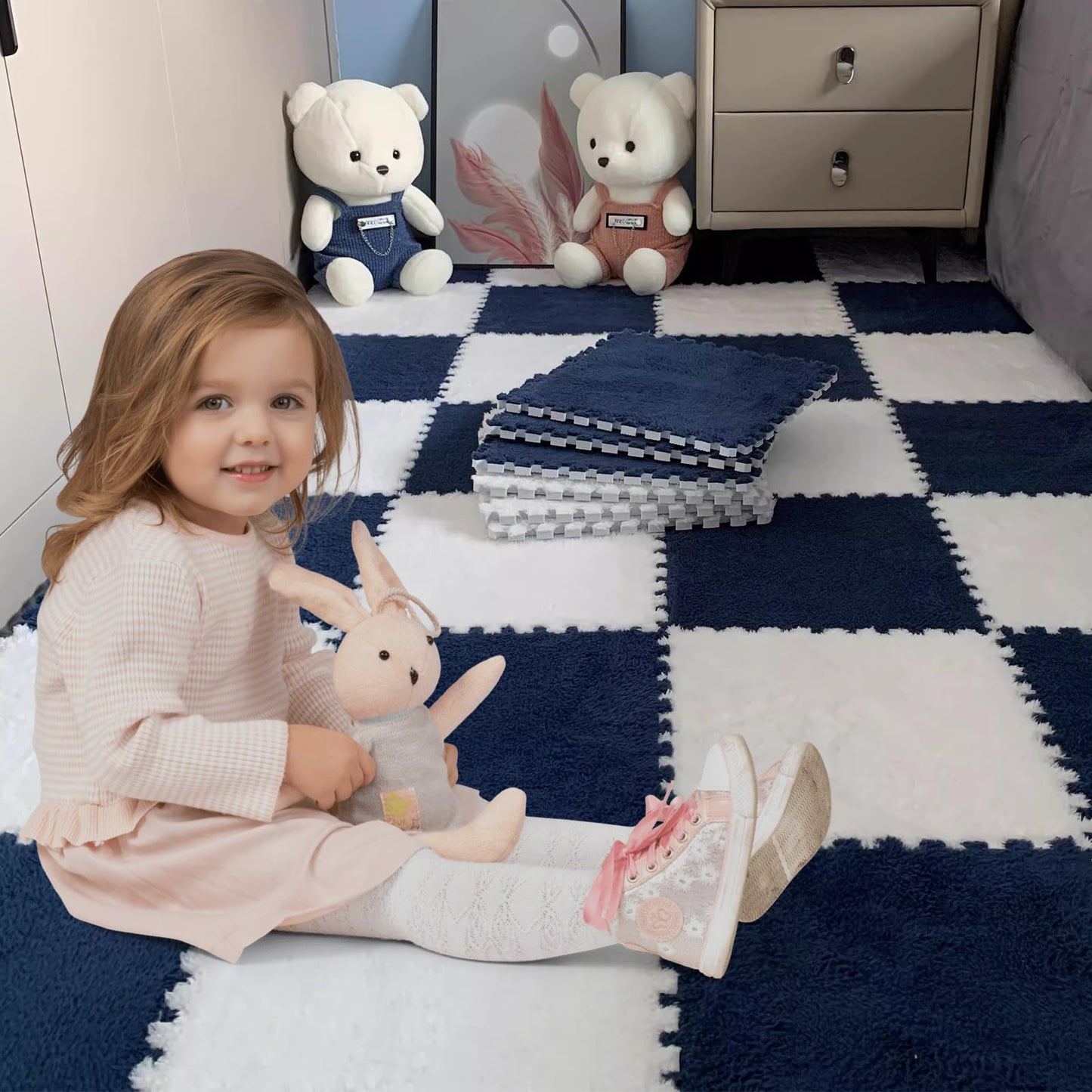 Jaderlu 16pcs 0.6" Thickened Interlocking Tile Mats,Fluffy Shaggy Soft EVA Foam Area Rug for Living Room&Bedroom,Non-Slip Protective Floor Carpet Play Mat Kids Baby Dorm Home Decor 11.8ft (Navy Blue)