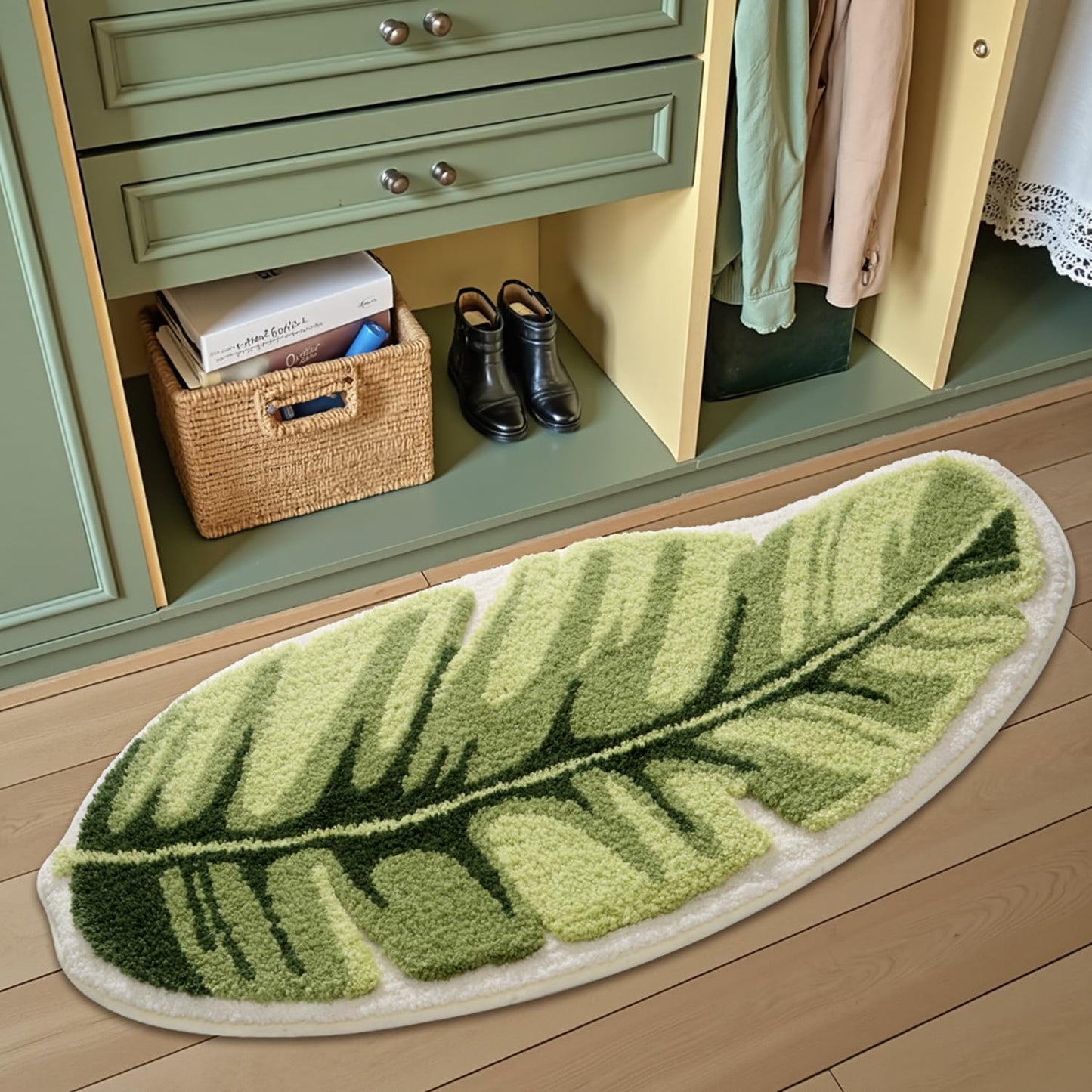 LUMI Cute Bathroom Rugs with Green Leaf Plant, Soft, Fluffy, Plush, Absorbent, Quick Dry, Non Slip, Machine Washable for Shower Floor, Bathroom, Bedroom,Kids Room, 19.5"x39.5", Palm Leaf