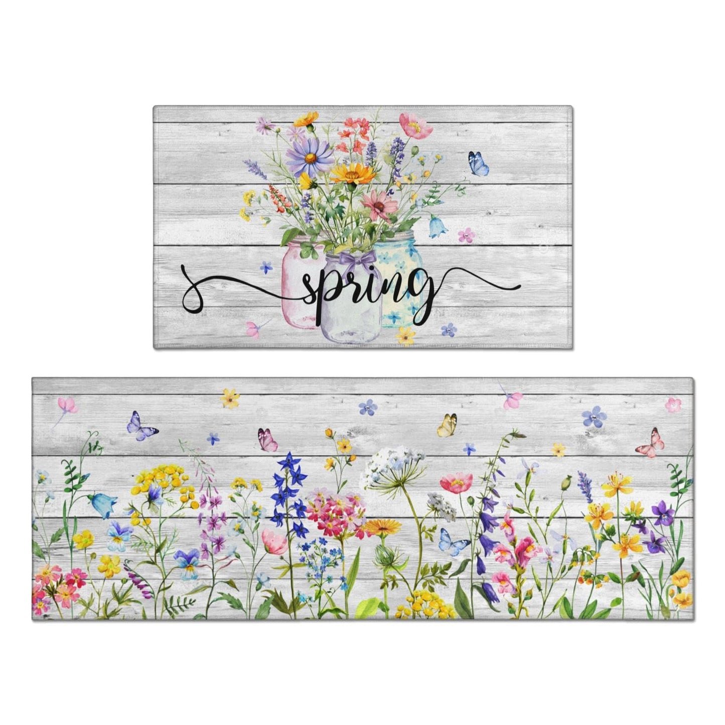 Twyt decor Spring Kitchen Rug Set of 2,Non-Slip Washable Kitchen Mats,Wood Grain Floral Kitchen Mats,Spring and Summer Holiday Decorations for Home Kitchen,17x30+17x47 Inch
