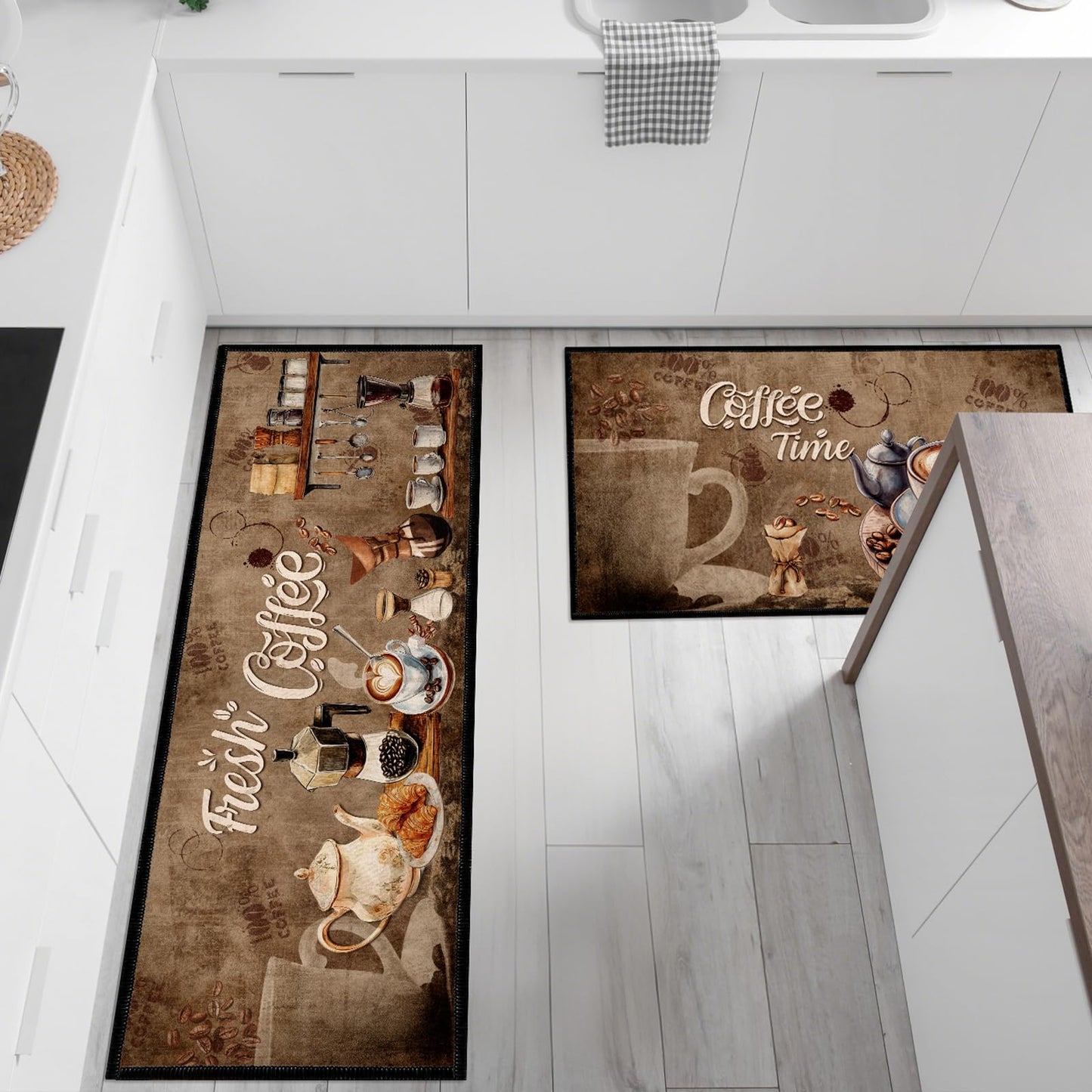 InIsaJace Coffee Rugs for Kitchen Floor, Kitchen Mats for Floor 3 Pieces Non-Slip, Absorbent Washable Runner Rugs Farmhouse Style Kitchen Bar Mat(16x28 +16x47)