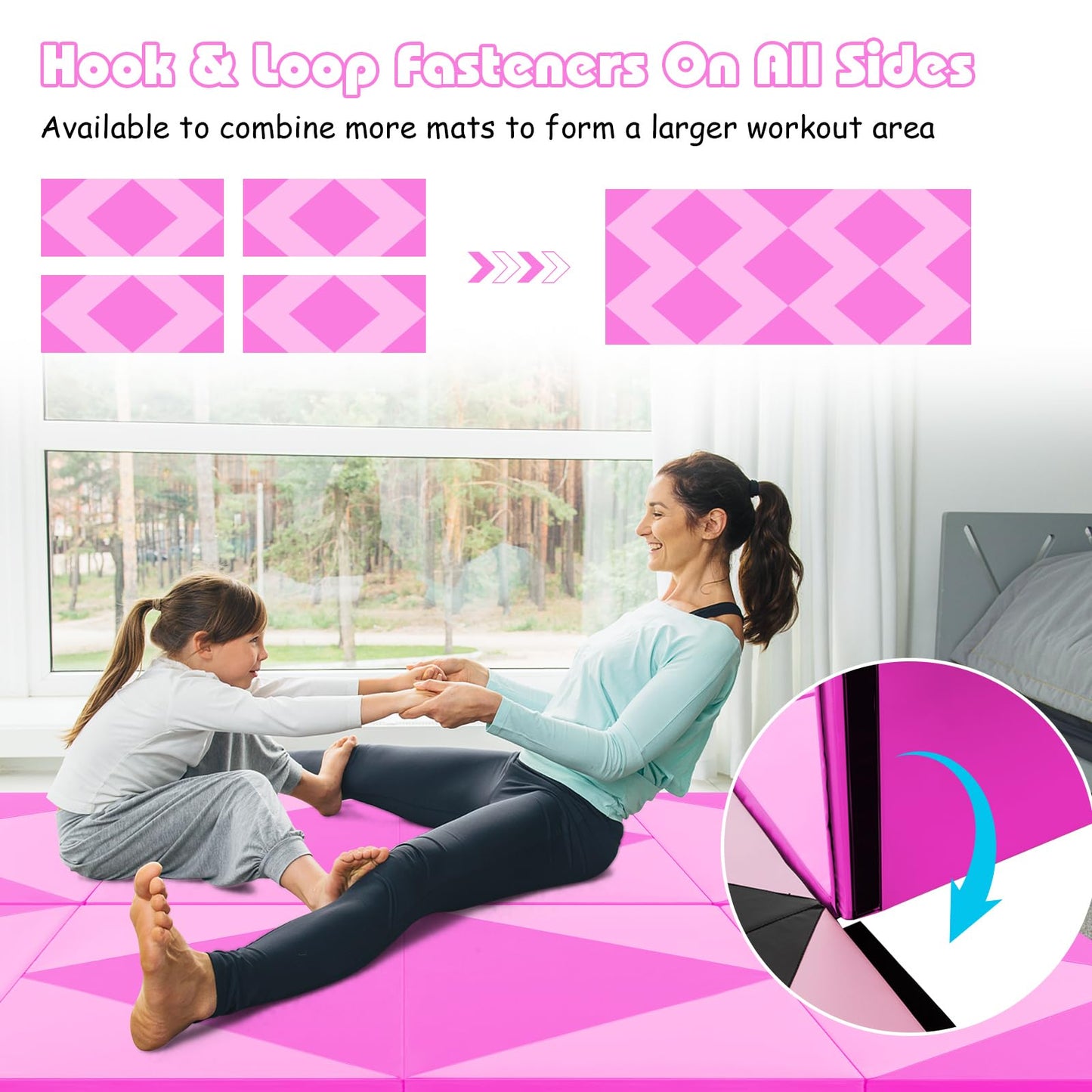 Goplus 8' x 4' x 2" Gymnastics Mat, Folding Tumbling Mat with Carry Handles, Hook & Loop Fasteners, 4 Panels for Fitness Exercise Yoga Stretching Aerobics Workouts, Thick Gym Mats for Home (Pink&Rose)