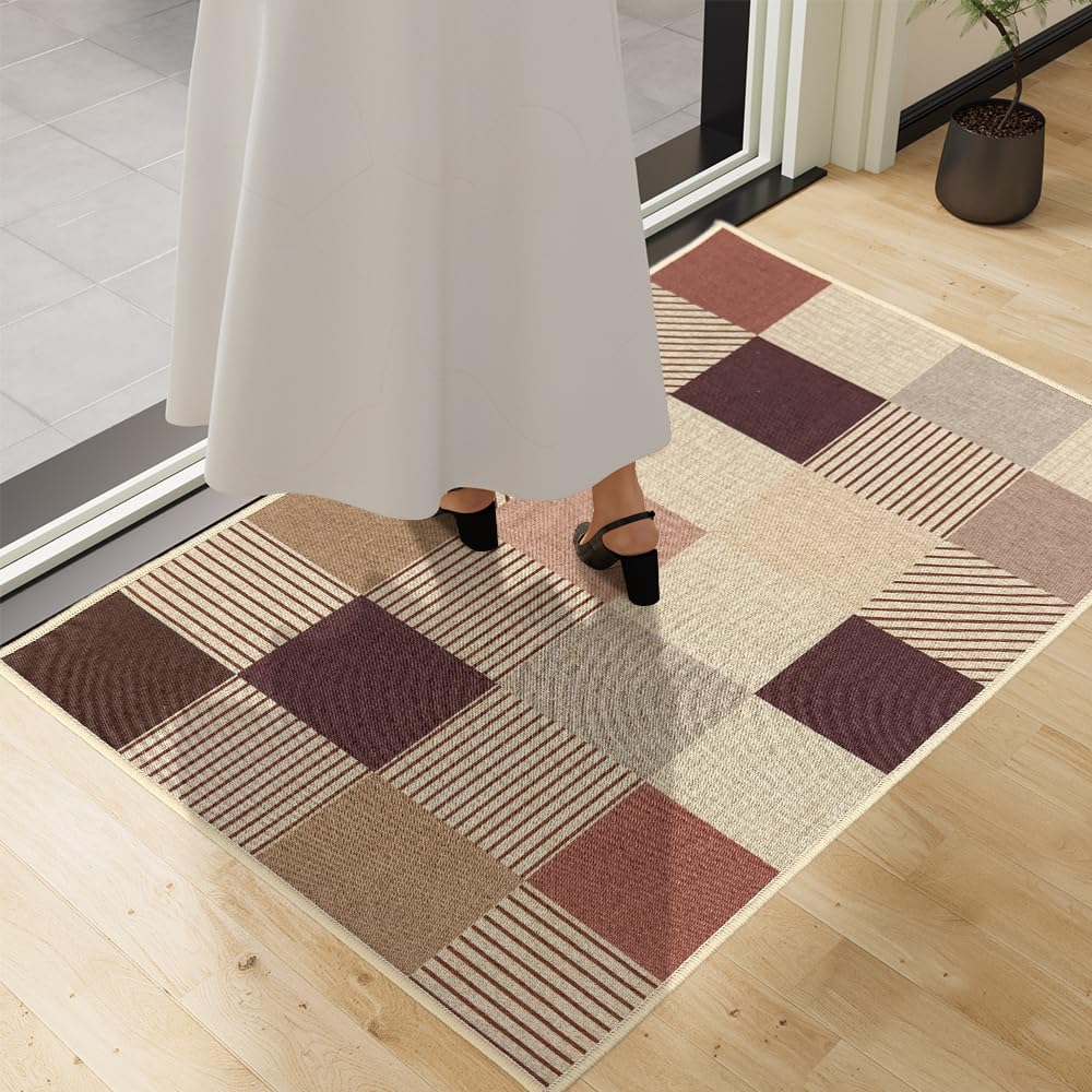 QQL 17"x30" Ultra Thin Front Door Mat, Non-Slip Rubber Backing, Dirt Trapper Doormat, Easy Clean Entryway Rug, Square Grid, RV Tent Entrance Mat