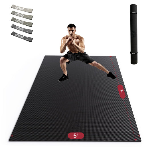 HAPBEAR Extra Large Exercise Mat - 7'x5'x8mm (1/3 Inch), Non-Slip, Ultra Durable, Thick Workout Mat for Home Gym Flooring Cardio, Yoga, Fitness, High-Density, Shoes-Friendly