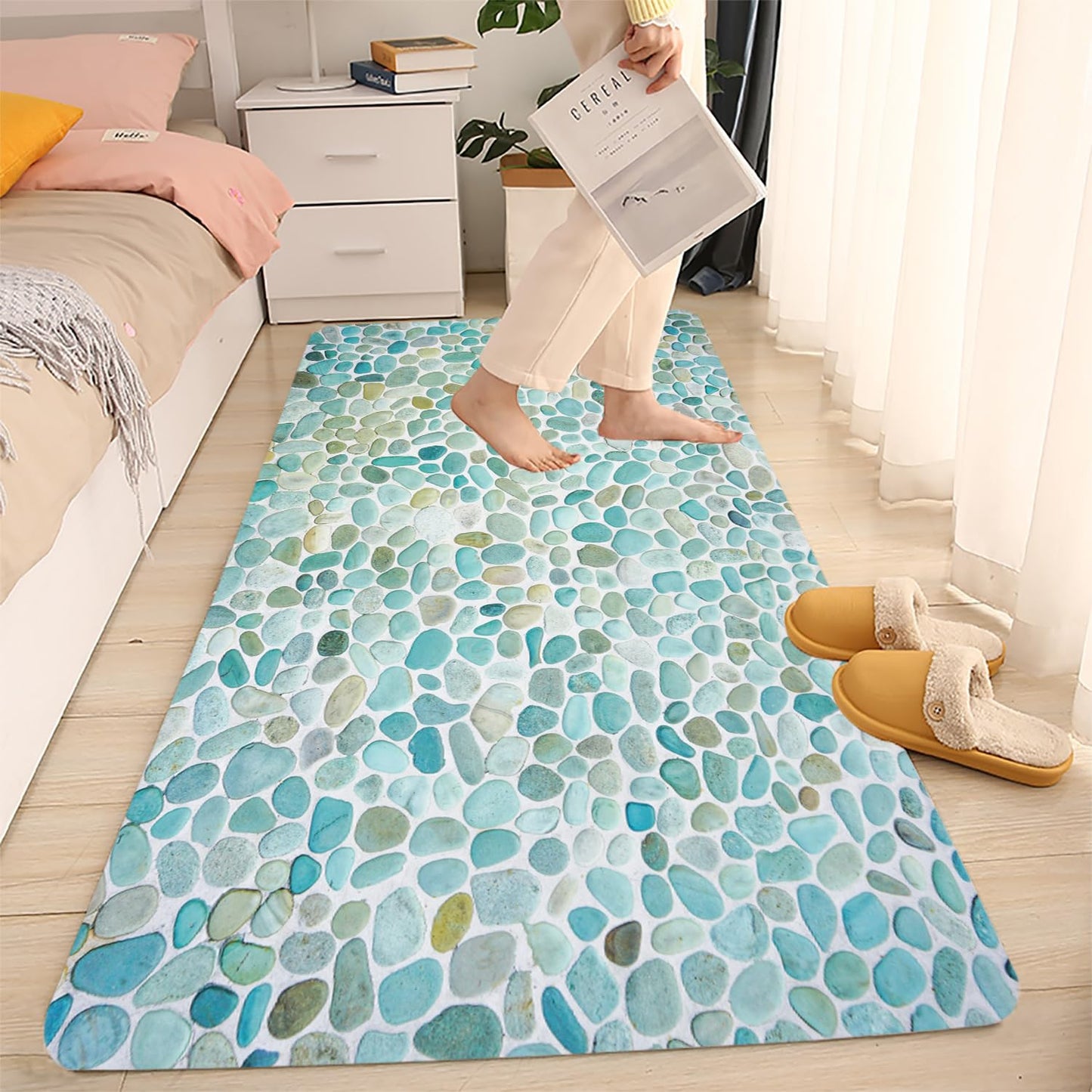 LYFANS Pebble Stone Memory Foam Bath Mat, Non-Slip Absorbent Flannel Bathroom Rug, Soft Quick Dry Shower Floor Mat for Tub, Kitchen, Bedroom (24"x59")