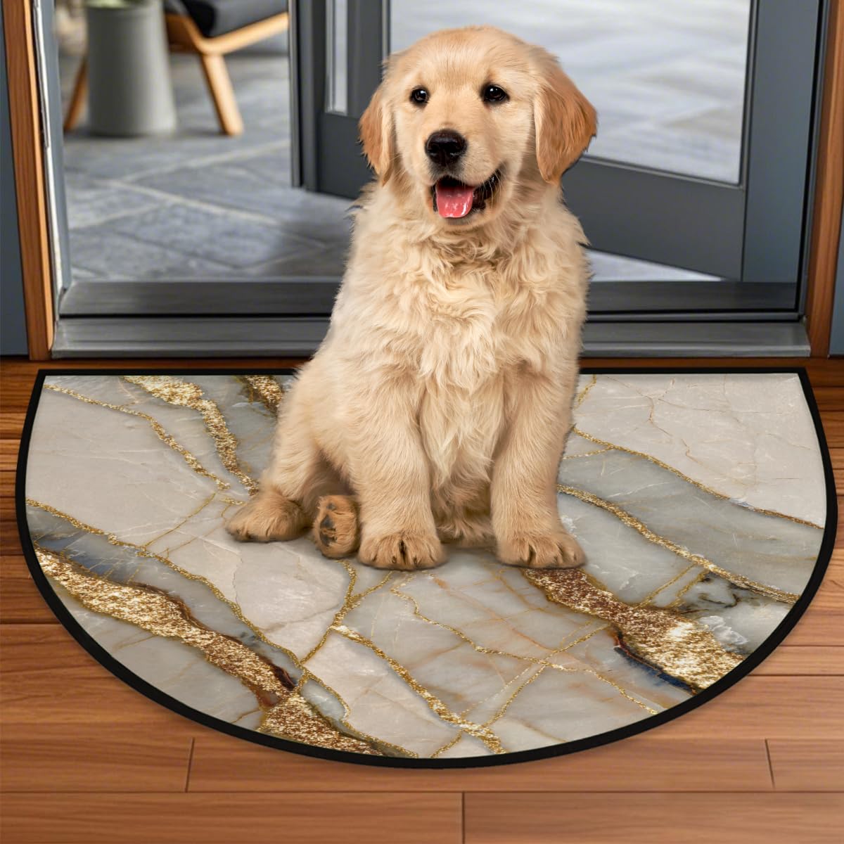 FengQuGou Half Round Doormat Beige Marble Gold Washable Semi Circle Area Rug Non Slip Half Moon Rug Holiday Decor Mat for Indoor Outdoor Bathroom Kitchen Welcome Fireplace Hearth Floor Mat