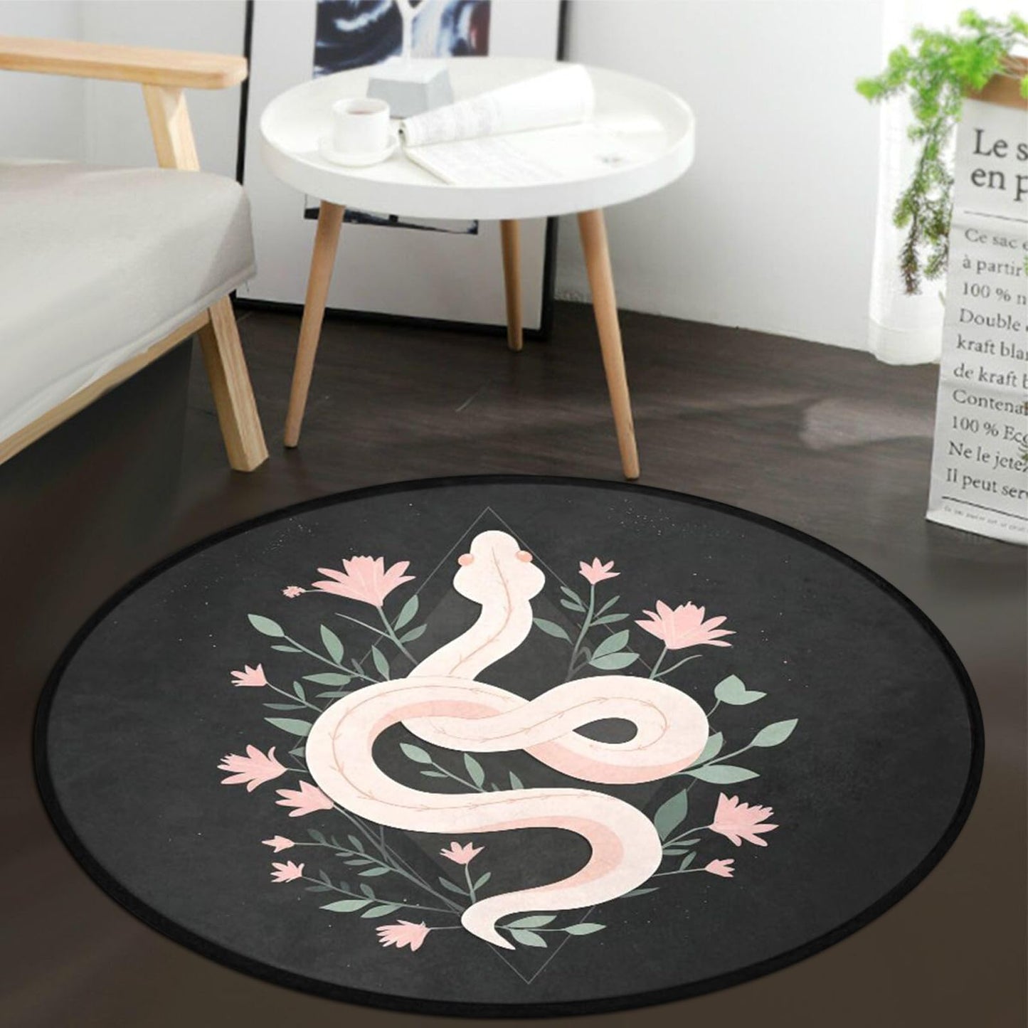 keepcute Dark Botanical Snake Round Area Rug 5' - Gothic Black Serpent Floral Circle Mat, Washable Non-Slip Soft Matte Rug for Bedroom Living Room