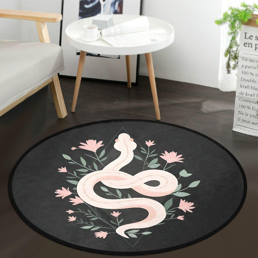 keepcute Dark Botanical Snake Round Area Rug 5' - Gothic Black Serpent Floral Circle Mat, Washable Non-Slip Soft Matte Rug for Bedroom Living Room