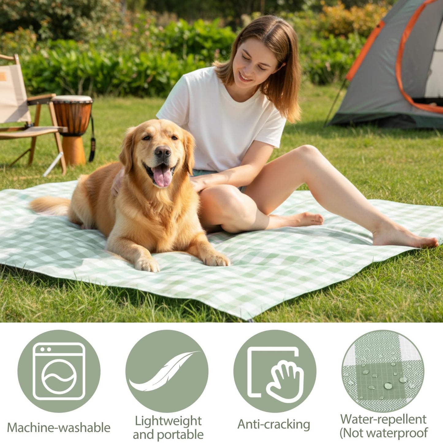 HunnmingRe Lightweight Green Gingham Pocket Picnic Blanket with Storage Bag 55 x 60inch Waterproof Cute Packable Sandproof Beach Mat Compact Washable Picnic Mat for Outdoor Hiking Camping Travel