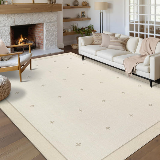 Garvee Washable 9x12 Area Rug for Living Room Beige Rug Non Slip Soft Bedroom Rugs Neutral Cream Low Pile Stain Resistant Carpet for Nursery Dining Room Classroom Playroom, Beige