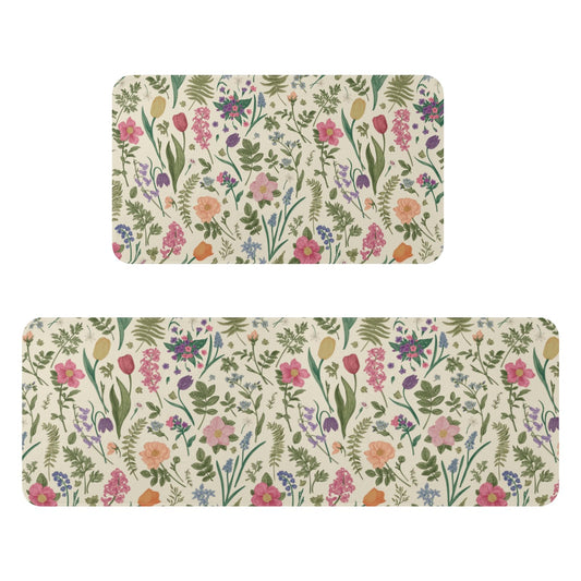 Spring Floral Kitchen Mats for Floor Set of 2 Pink Green Flower Ferns Leaves Botanical Summer Vintage Kitchen Rugs Non Slip Washable Absorbent Seasonal Kitchen Runner Rugs Decor,17x30 and 17x47 Inch