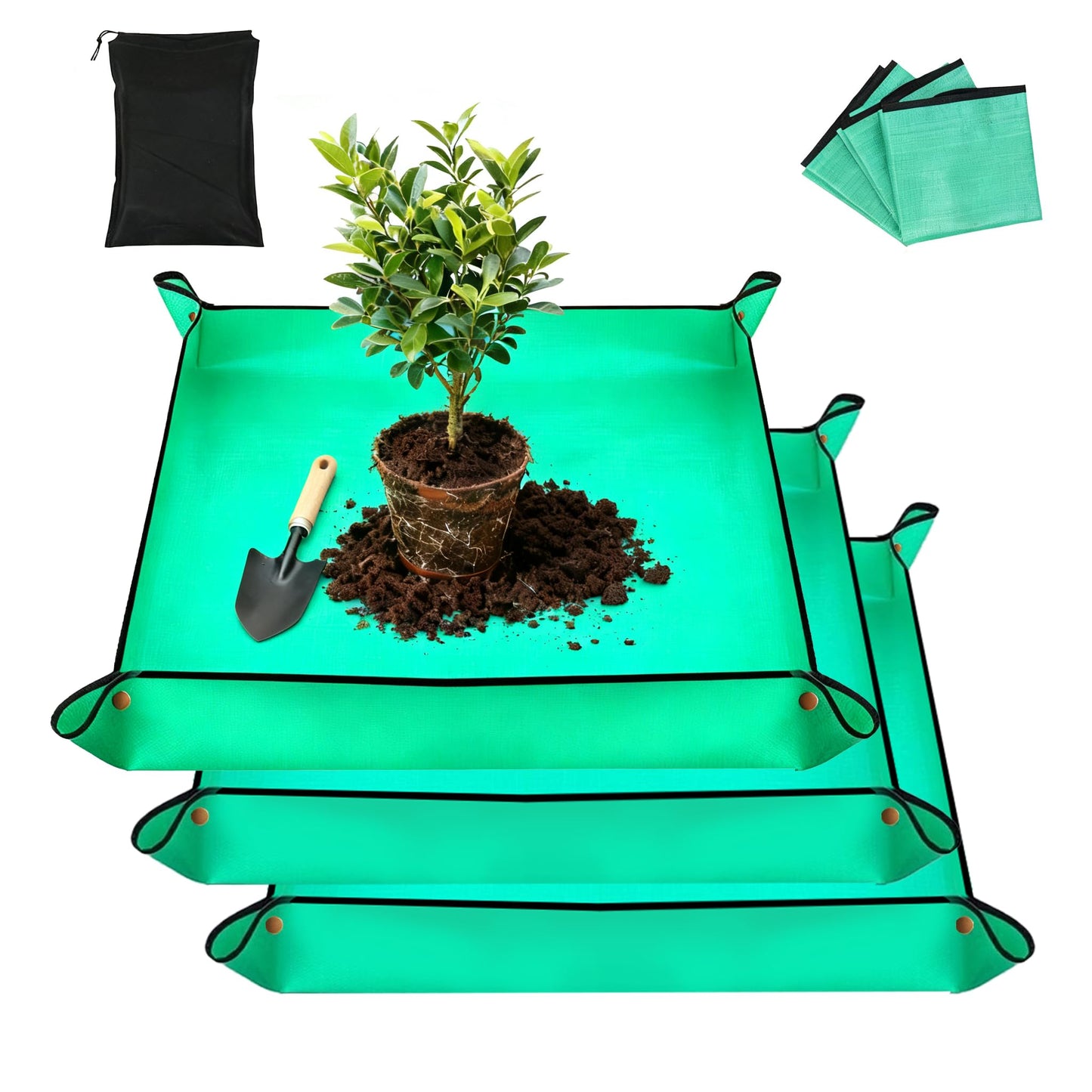 3Packs Repotting Mat, 26.8x26.8 Inch Thickened High Density PE Waterproof Gardening Tray for Plant Transplanting, Portable Foldable Potting Soil Mat with Storage Bag for Indoor Outdoor Plant Care