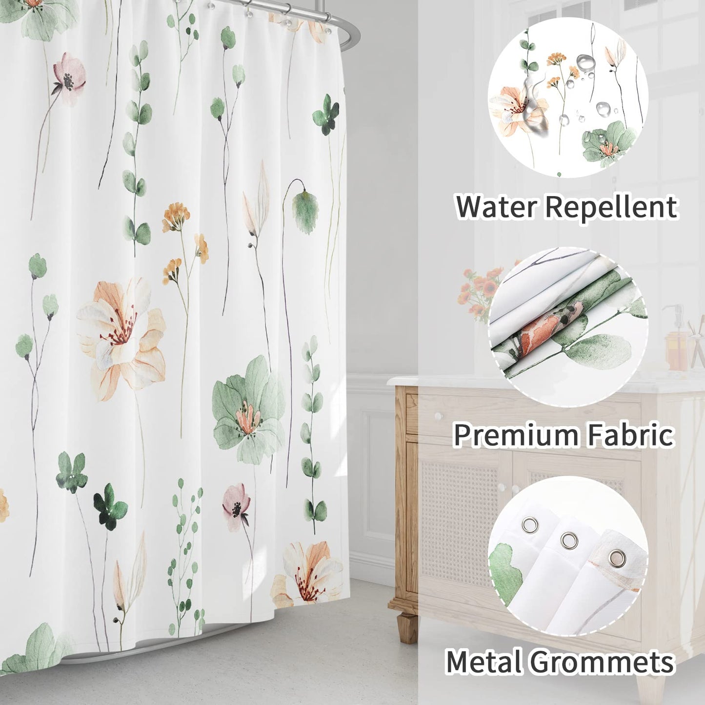 Gibelle Non Slip Bath Mat, Bathroom Set with Shower Curtain and Rug and Accessories, Bath Curtain 72" W x 72" L, Bath Rug 18" W x 26" L