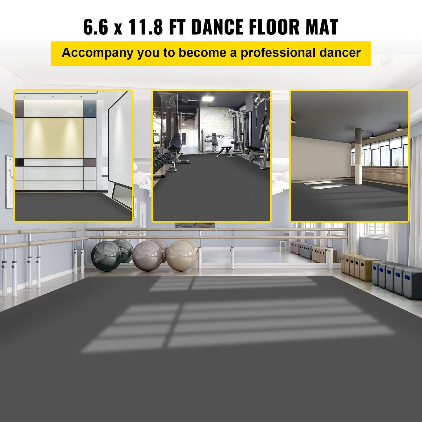 VEVOR Dance Floor 6.6x11.8ft, Portable Dance Floor Roll 0.06in Thick PVC Vinyl Dance Mat Black/Grey Reversible Marley Dance Practice Floor, Non-Slip Dance Flooring for Ballet Jazz Pop Lyrical Style